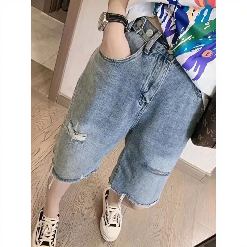 大码五分破洞牛仔短裤子女夏季薄款胖妹妹mm高腰显瘦直筒毛边中裤