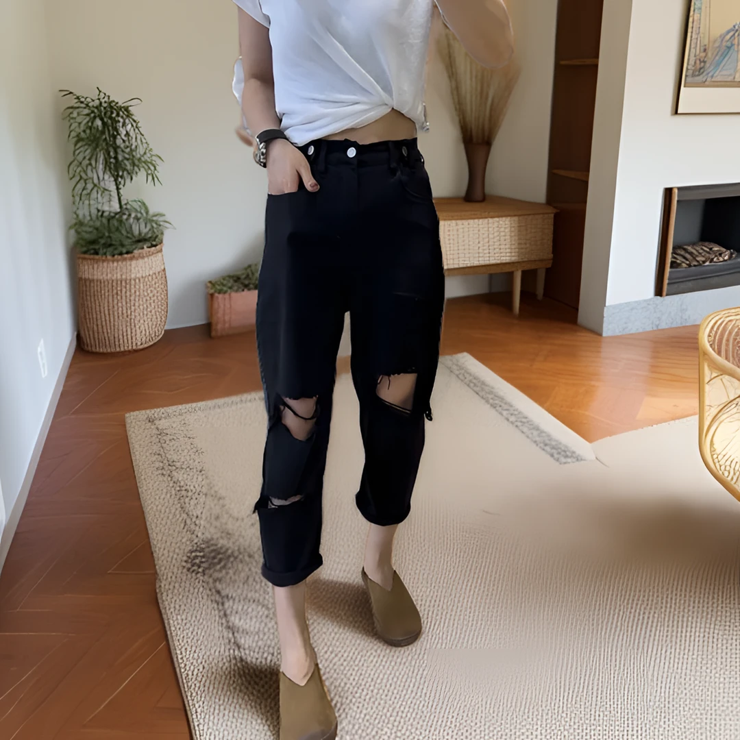 梨形身材微胖女生穿搭大码破洞牛仔裤子女夏季薄款弹力哈伦老爹裤