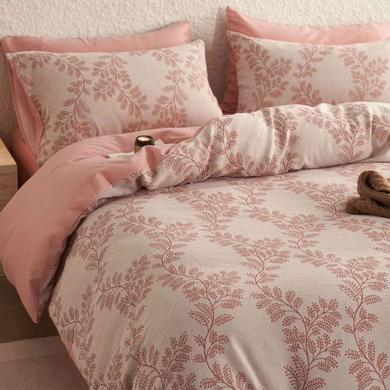 全棉磨毛双层纱床上四件套纯棉提花春季加厚被套床单床笠款三件套