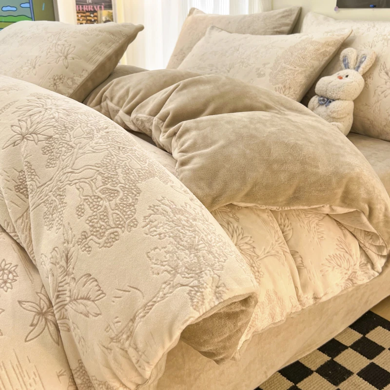 秋冬加厚雕花牛奶绒床上四件套珊瑚法兰绒床单被套床笠床品三件套