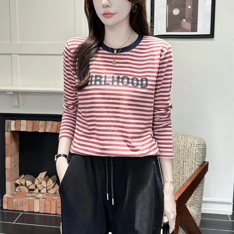 高级感减龄条纹t恤女圆领宽松印花春秋冬内搭打底衫2025长袖上衣