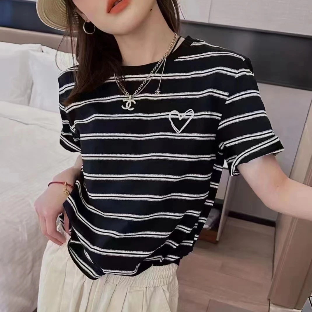 黑色条纹爱心正肩短袖t恤女夏季设计感小众小个子宽松体恤上衣潮