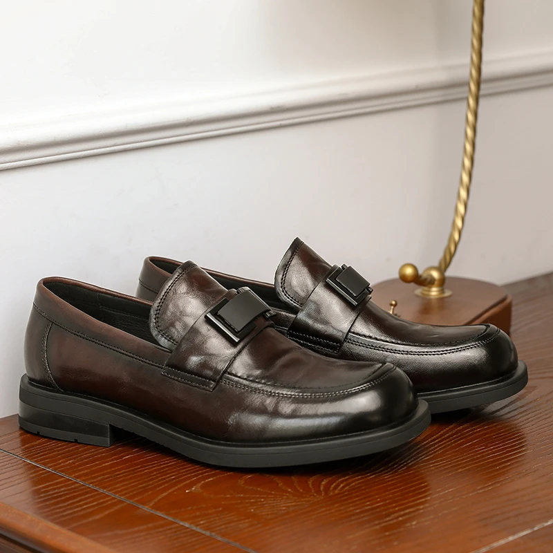 德赛真皮商务休闲男皮鞋法式英伦风复古粗跟乐福鞋一脚蹬低帮男鞋