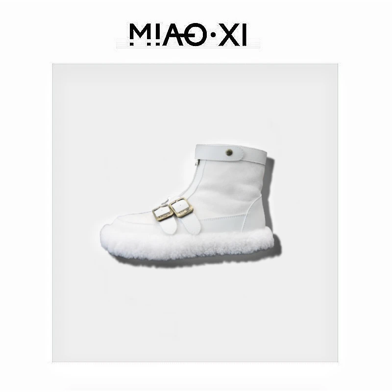 【妙兮】小牛皮羊毛皮毛一体平底百搭女士雪地靴#X0001
