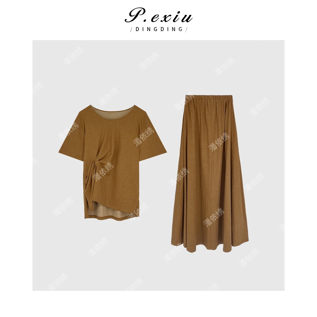 PanYiXiu/潘依绣100%棉不规则扭结上衣垂感半身裙套装 W-62197