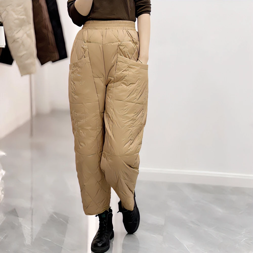 束心冬季新款休闲菱形大码羽绒裤女松紧腰显瘦轻薄保暖白鸭绒裤子