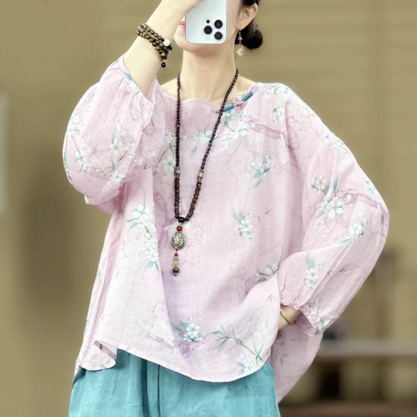 束心夏装新款新中式圆领盘扣七分袖衬衫女苎麻印花宽松蝙蝠袖上衣