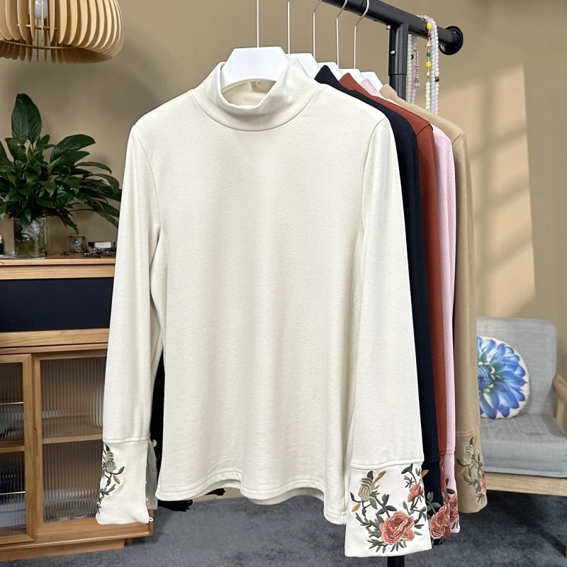 束心冬装新款新中式复古刺绣加厚打底衫女半高领亲肤保暖纯色T恤