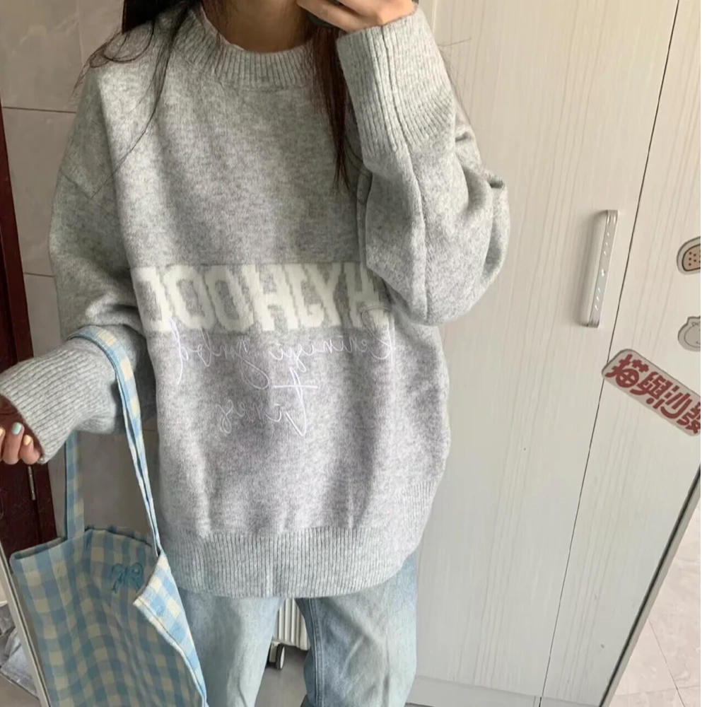 国潮oversize字母圆领毛衣女秋冬新宽松慵懒风温柔软糯百搭针织衫