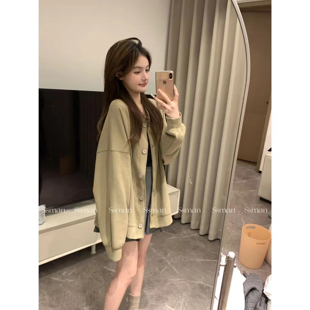 Ssman【绿叶迷踪】圆领长袖卫衣开衫春季新款韩版宽松慵懒风上衣