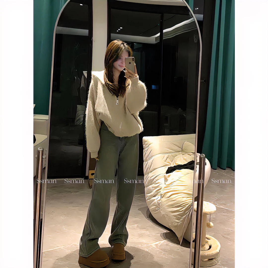 Ssman【兰】冬季加绒牛仔裤高腰窄版阔腿裤时尚百搭小众直筒休闲裤