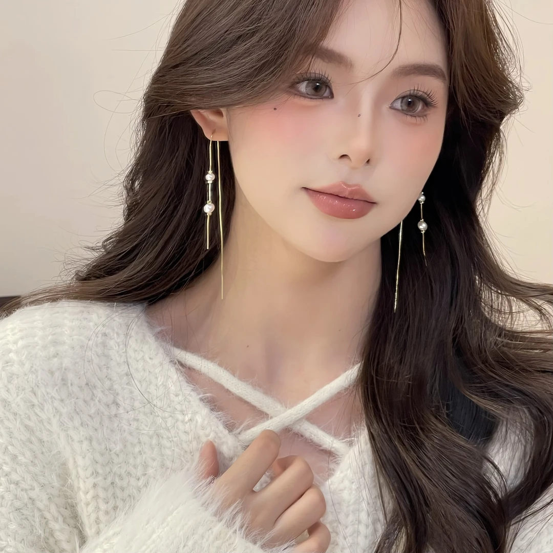 非金属树脂耳饰   W486珠珠长流苏耳线简约小众百搭