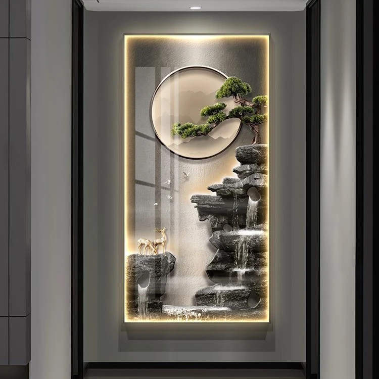 新款-高山流水山水画新中式迎客松大气办公室过道玄关装饰挂画