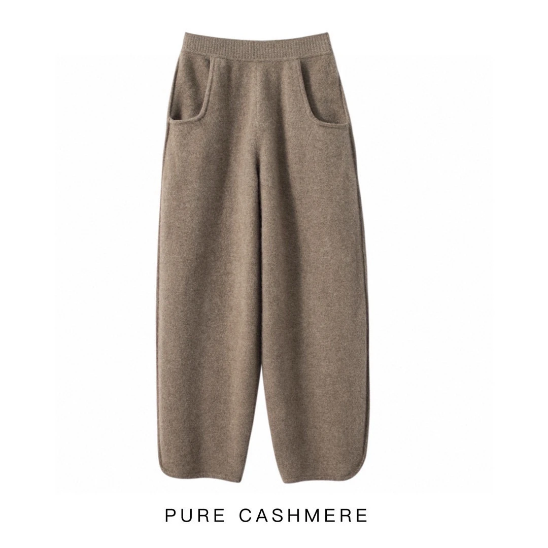 羊绒裤12针2股交叉平面芝麻点外缝合重工九分烟管裤同款