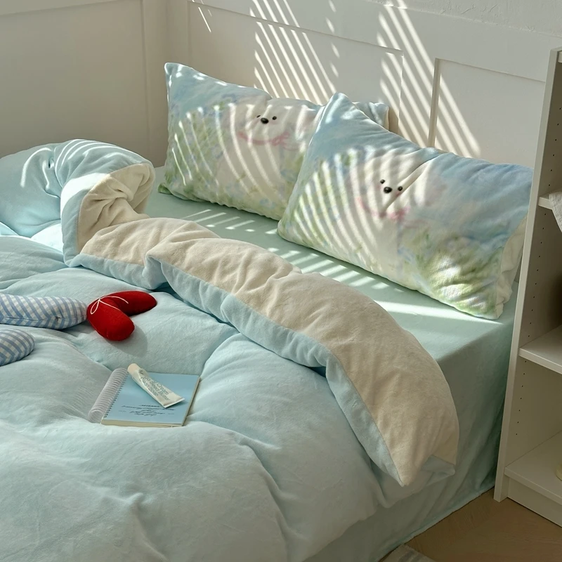 新款双拼牛奶绒四件套加绒加厚印花牛奶绒四件套学生宿舍三件套