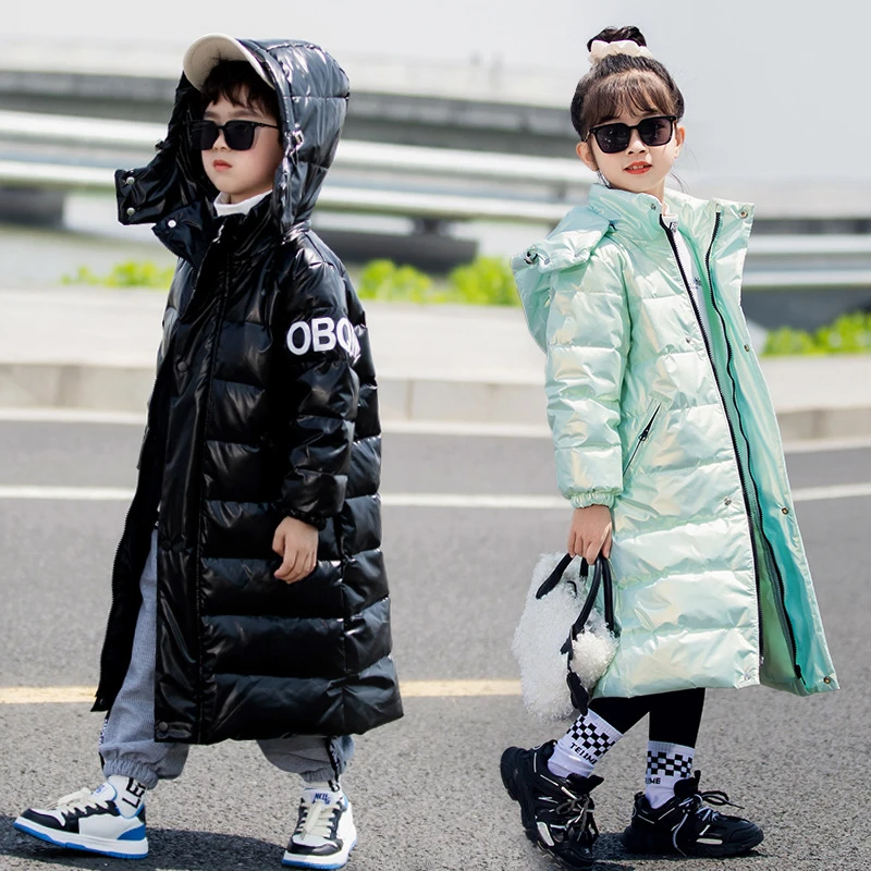 儿童免洗白鸭绒男女童冬季中大童外套羽绒服过膝中长款保暖连帽款