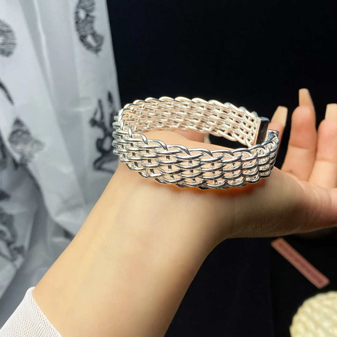 足银手镯 足银手镯简约银色苗族编织足银999.9开口手镯