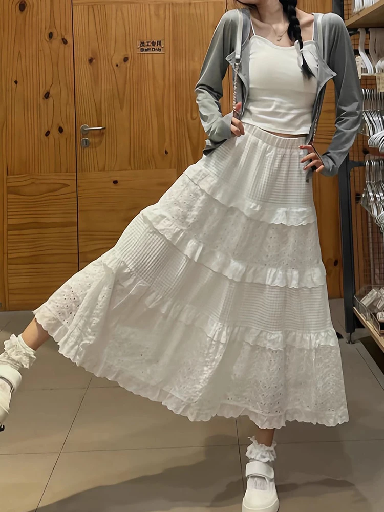 白色A字长裙女2024春夏新款高腰显瘦温柔芭蕾风蓬蓬蕾丝蛋糕裙