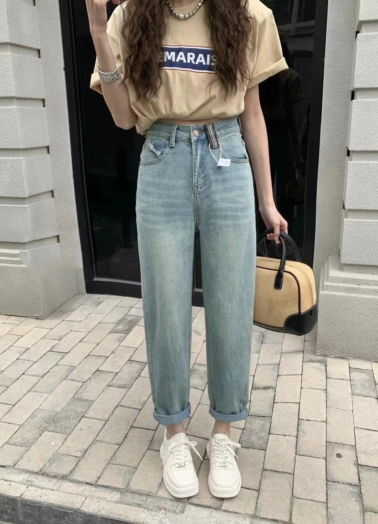 大码微胖梨形身材显瘦百搭遮胯宽腿粗2024春夏新款哈伦老爹裤女