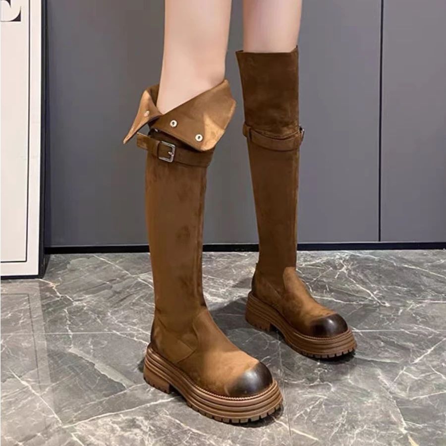 【艾珂茵】秋冬新款圆头厚底气质百搭两穿擦色时装过膝堆堆靴时尚