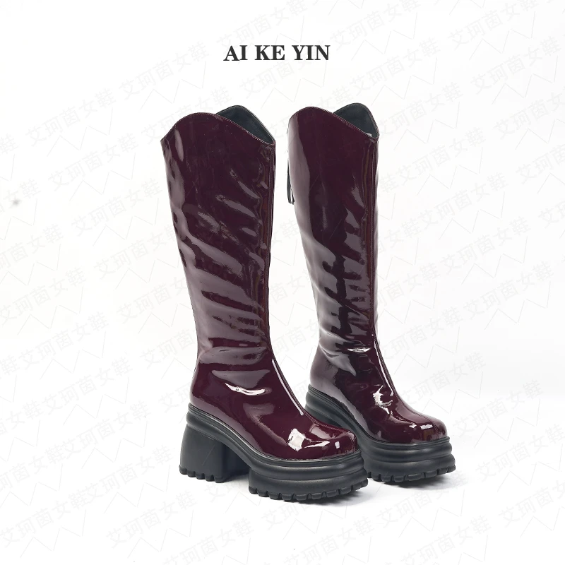 【艾珂茵】秋冬新款方头厚底气质百搭后拉链v型口时装长筒靴时尚