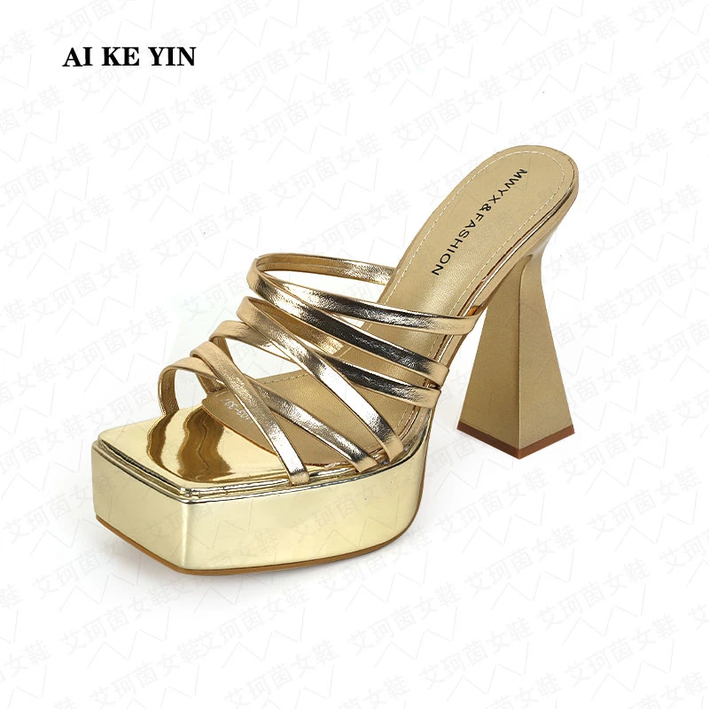 【艾珂茵】夏季新款方头厚底防水台交叉带方根高跟鞋拖鞋超高气质