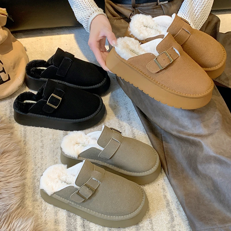 时尚皮毛毛毛包头半拖鞋女冬季外穿加绒厚底2024新款保暖博肯棉鞋