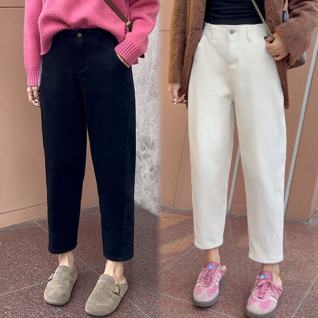冬季加绒梨型身材大码胖mm高腰时尚百搭镰刀宽松显瘦哈伦裤子女