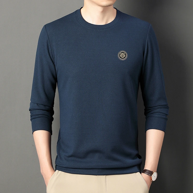 男士华夫格卫衣T恤男宽松圆领上衣春秋季百搭休闲套头长袖中年