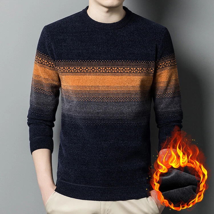 男士冬季新款加绒加厚毛衣圆领打底衫提花时尚休闲保暖卫衣百搭