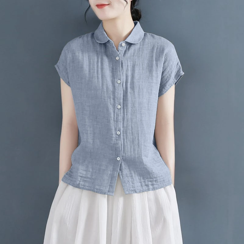 2023新款亚麻短袖衬衫女夏季纯棉圆领设计感宽松无袖棉麻衬衣大码