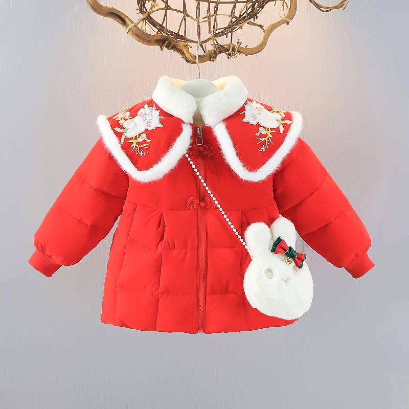2023年冬季年服新款女宝棉衣加厚加绒中长款棉服拜年保暖女童棉袄