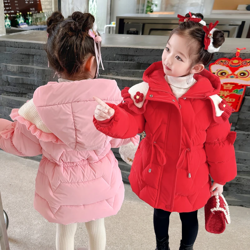 女童儿童保暖冬季红色过年服女宝宝棉服加绒棉袄中长款韩版加厚