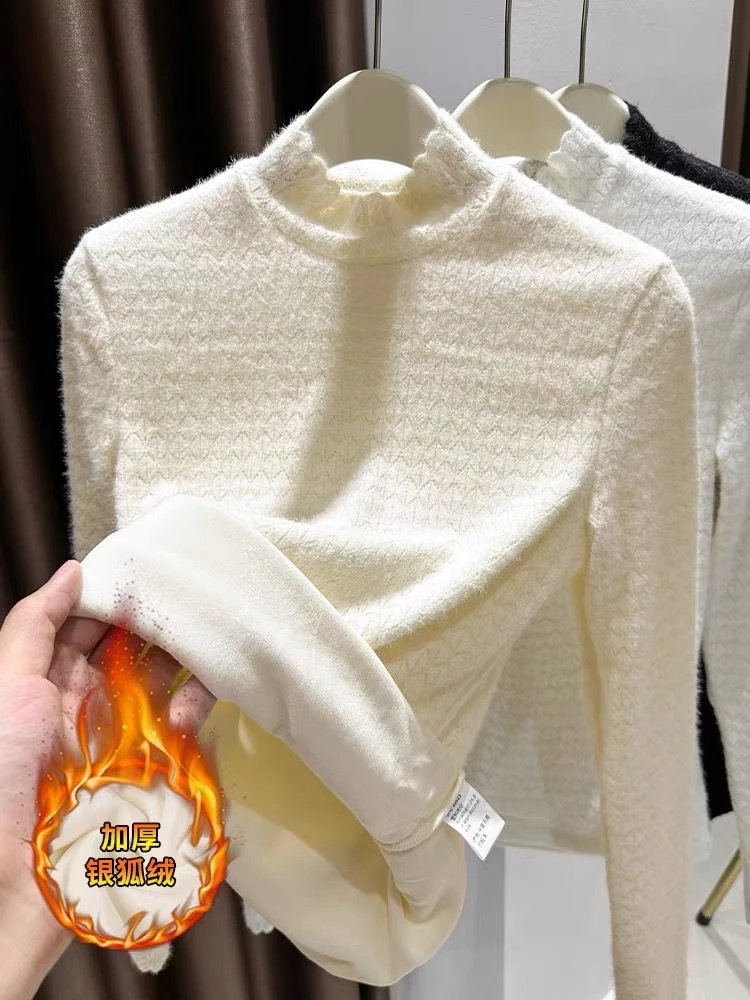 韩系磨毛蕾丝打底衫女冬半高领长袖内搭高端小衫时尚洋气上衣