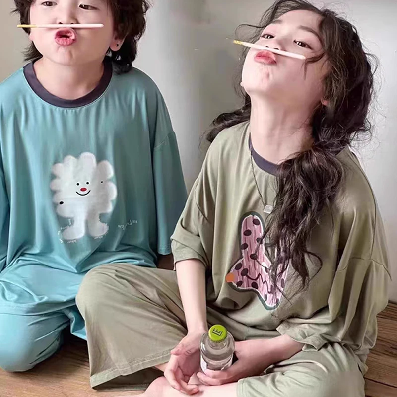 儿童睡衣莫代尔夏季薄款男童短袖家居服套装中大童女孩休闲空调服