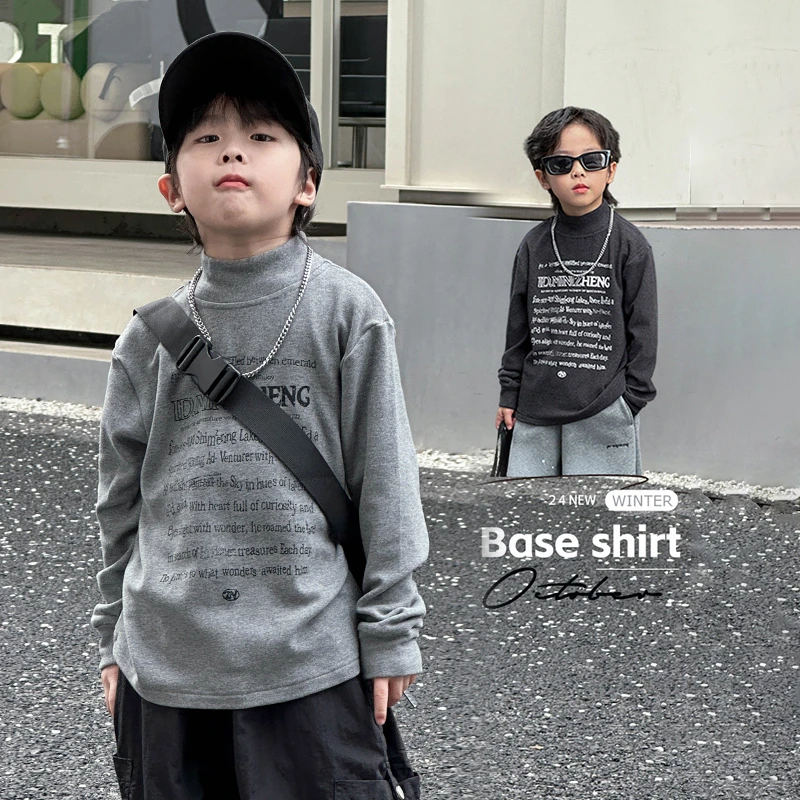 儿童打底衫半高领2025秋冬新款男童内搭酷帅字母上衣男孩韩版t恤