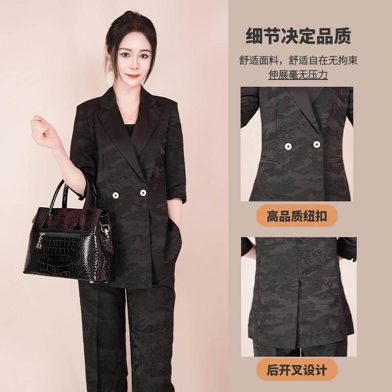 【丽爷】0203-90夏款中袖黑色山水画微喇裤西装套装