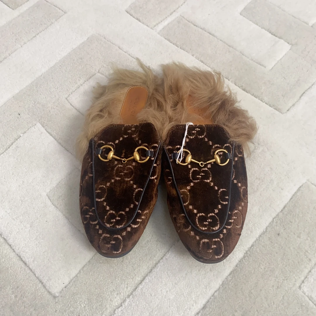 90新 GUCCI/古驰 麦殿/植绒女鞋36棕色/240930LXJ5Y08