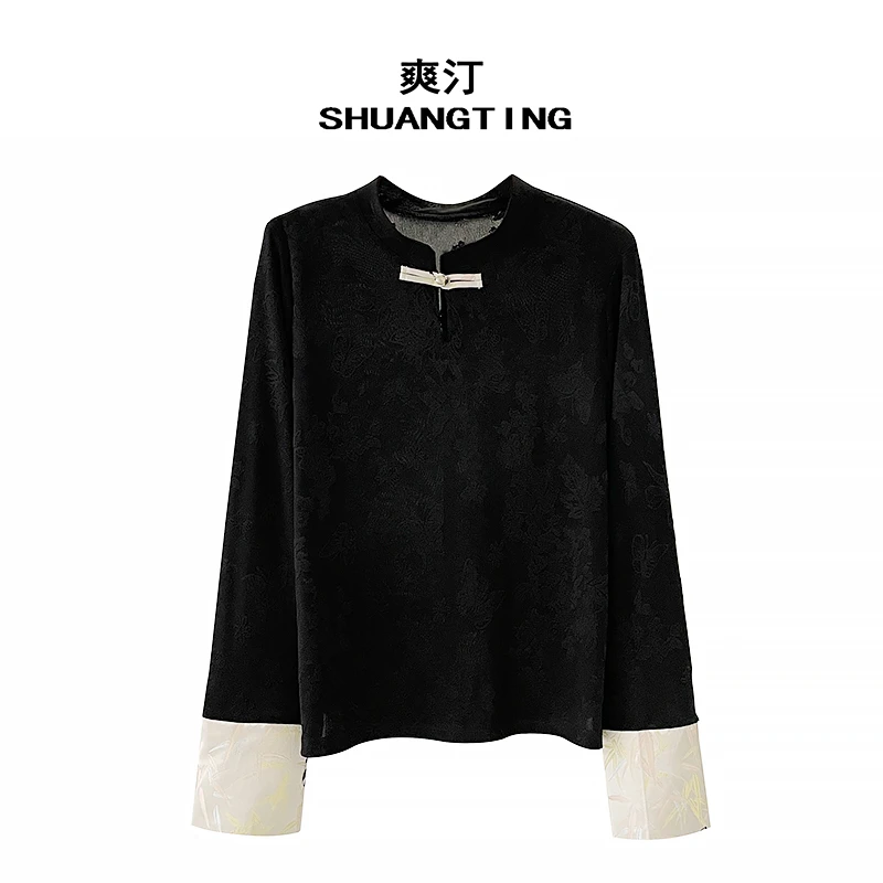 Jokara/丘可儿【荻花】重磅织锦拼接长袖打底国风时尚弹力衬衣秋
