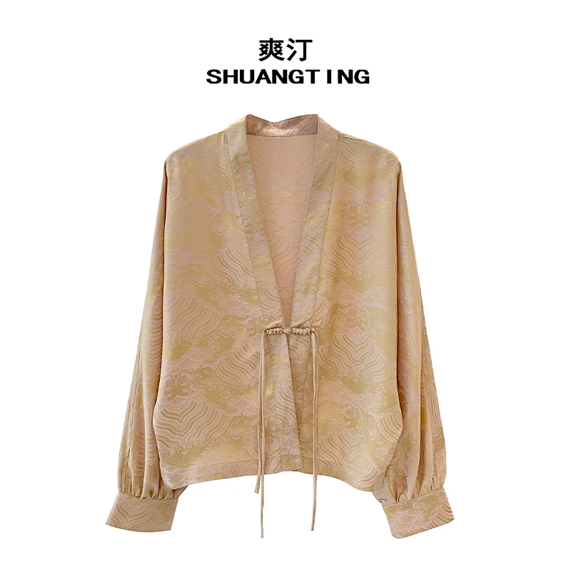 Jokara/丘可儿【声声慢】新中式重磅海水纹提花宽松V领防晒衫长袖