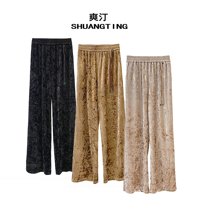 Jokara/丘可儿【遥夜】垂感松紧腰丝绒裤中式提花高腰宽松直筒裤秋
