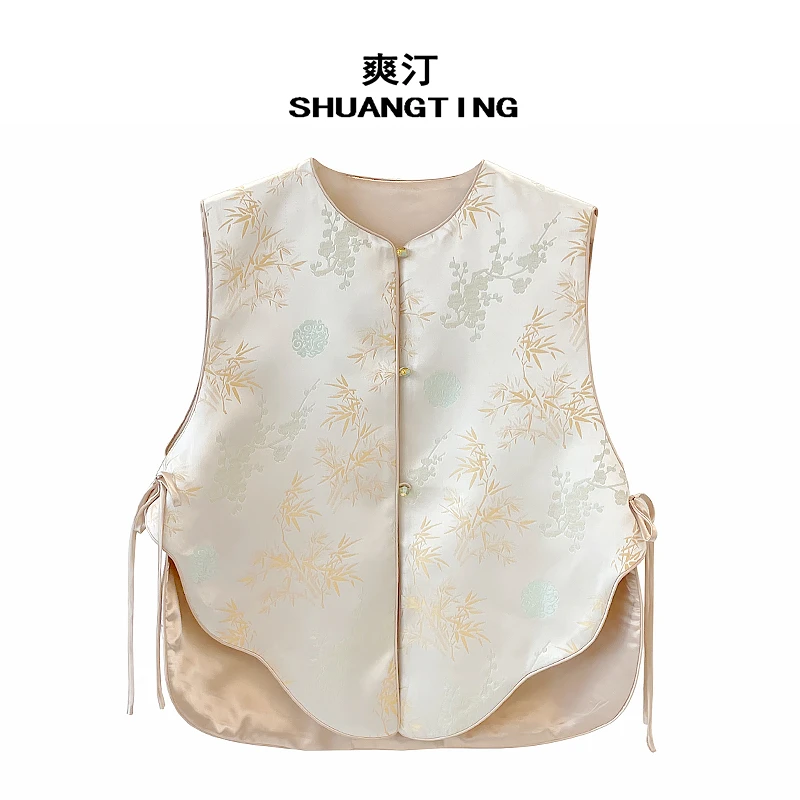 Jokara/丘可儿【冉竹】设计感不规则马夹新中式复古盘扣织锦马甲