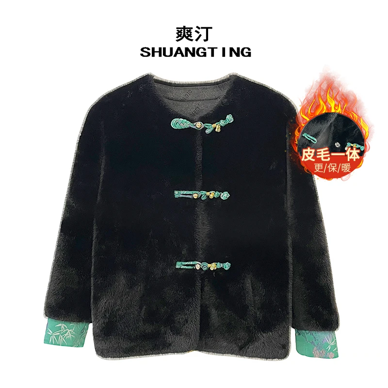 Jokara/丘可儿【青丝】贵气长绒拼接长袖圆领皮毛一体冬季厚外套