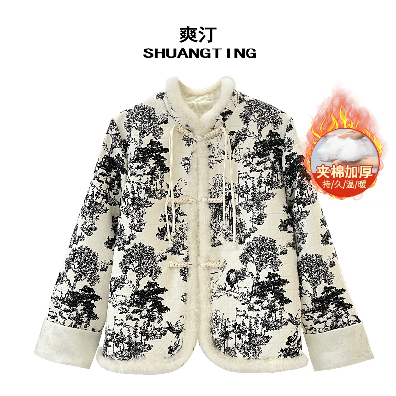 Jokara/丘可儿【梦游仙】中式加厚夹棉外套盘扣国风毛毛领秋冬上衣