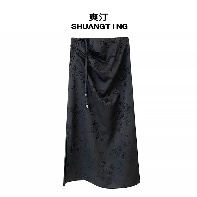 Jokara/丘可儿【纤纤】设计感褶皱松紧腰半裙中长款重磅提花半身裙