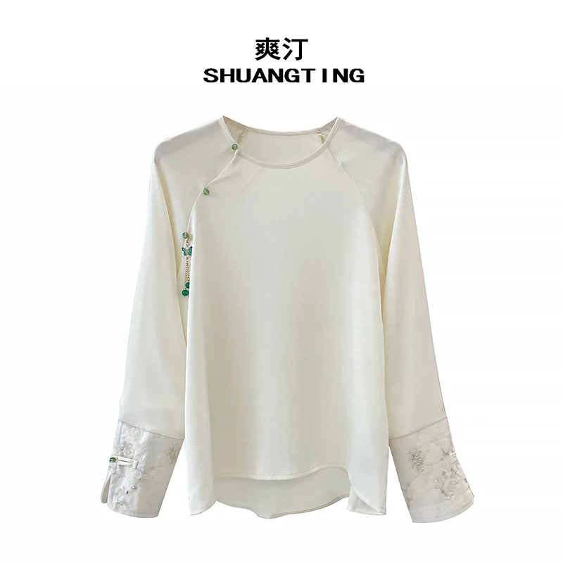 Jokara/丘可儿【忆昔】中式流苏提花长袖衬衫复古钉珠套头衬衣春