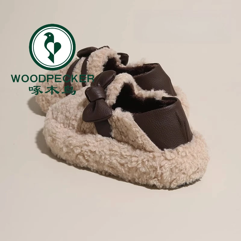 啄木鸟毛毛拖鞋2024新款秋冬加绒棉鞋女冬外穿毛茸茸两穿棉拖鞋女