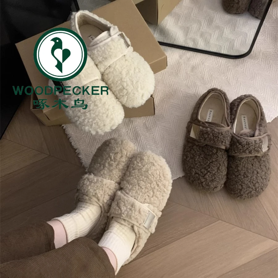 啄木鸟毛毛鞋女冬外穿2024年新款复古魔术贴单鞋女平底豆豆鞋加绒