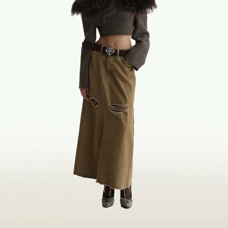 THE GOD PARTICLE 高腰直筒破洞牛仔显瘦半身裙TGP丹宁拖地长半裙