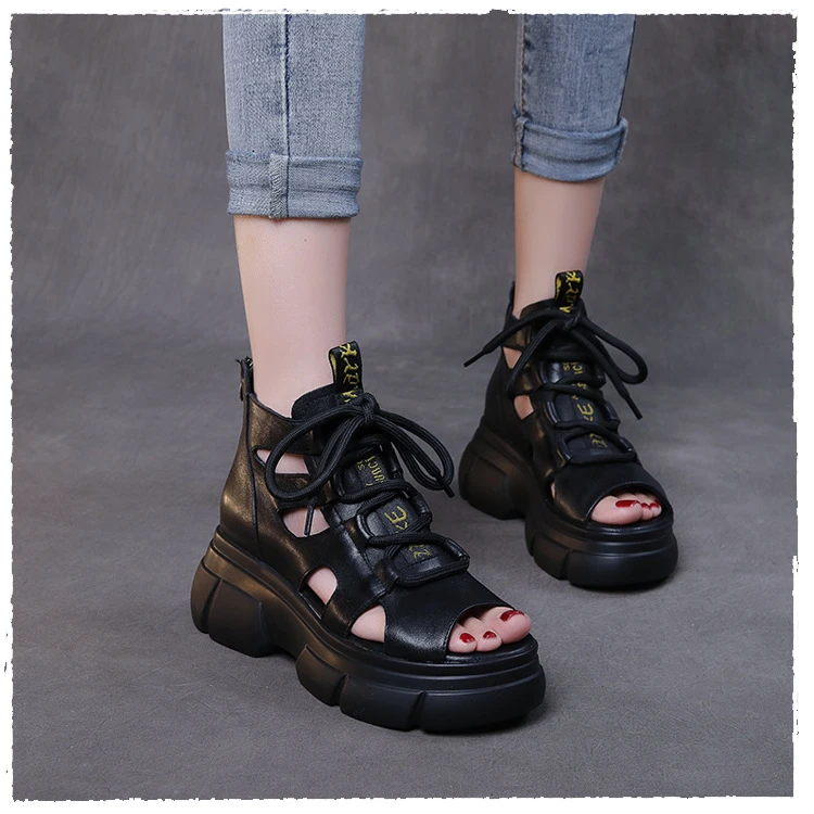 罗马凉鞋女鱼嘴厚底2024新款夏季高帮松糕露趾口空复古女士凉鞋夏